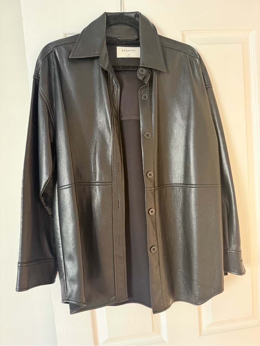 Babaton Black Faux Leather Shirt Jacket with Button Detail
